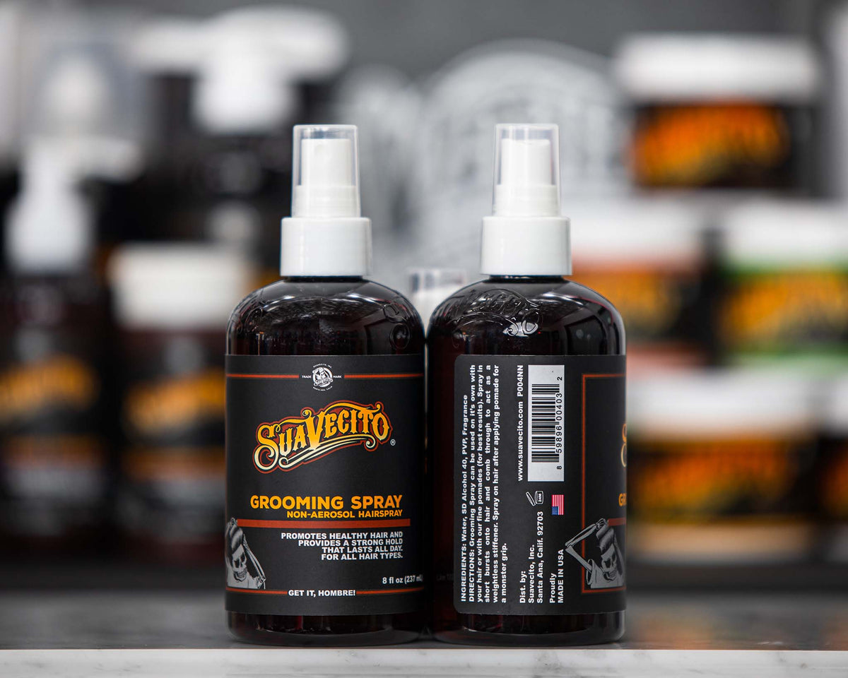 front and back of 8oz grooming spray