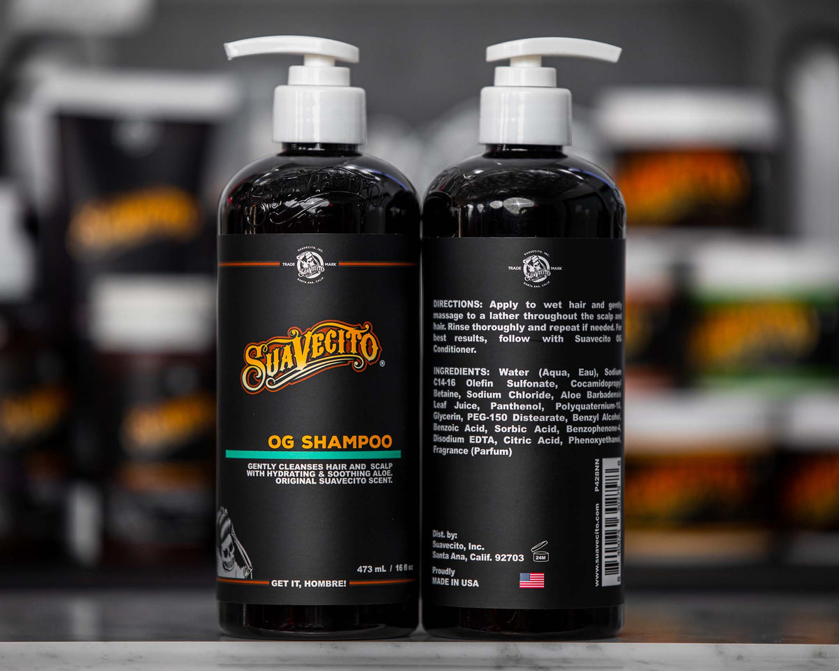 front and back of 16 oz OG shampoo 