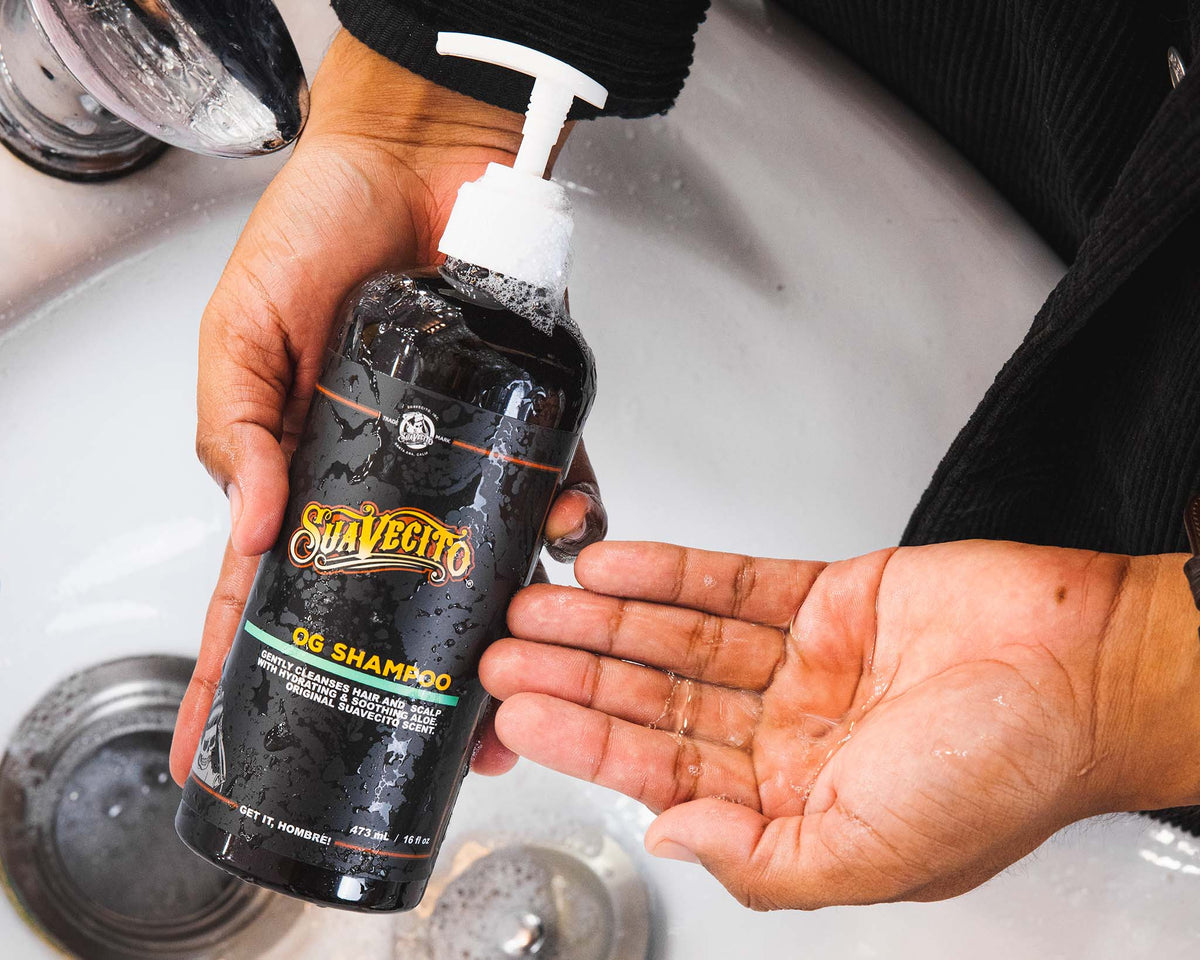 front of og shampoo side by side with shampoo in palm of hand