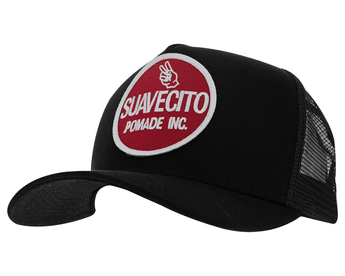 black suavecito hat with white embroidered text and red background "suavecito pomade inc."