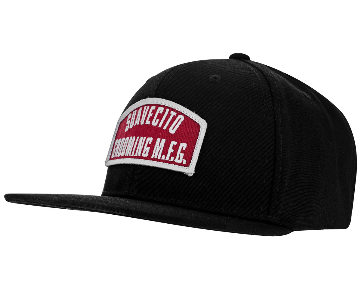 suavecito hat with embroidered text and red background "suavecito grooming m.f.g."