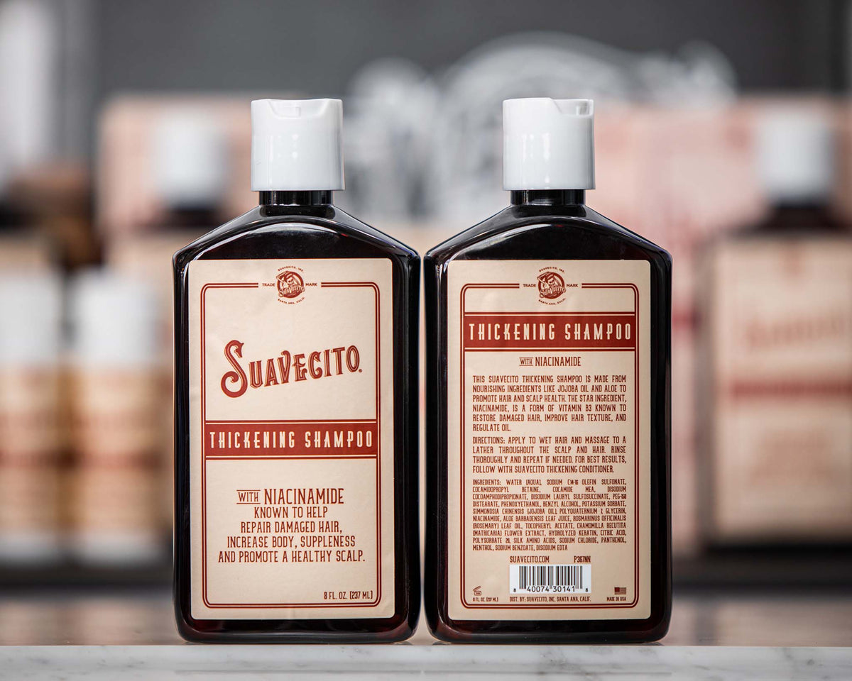 front and back of thickening shampoo bottle