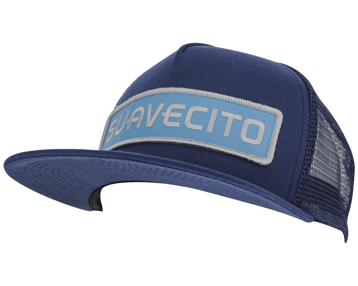blue suavecito hat with white embroidered text and light blue background "suavecito"