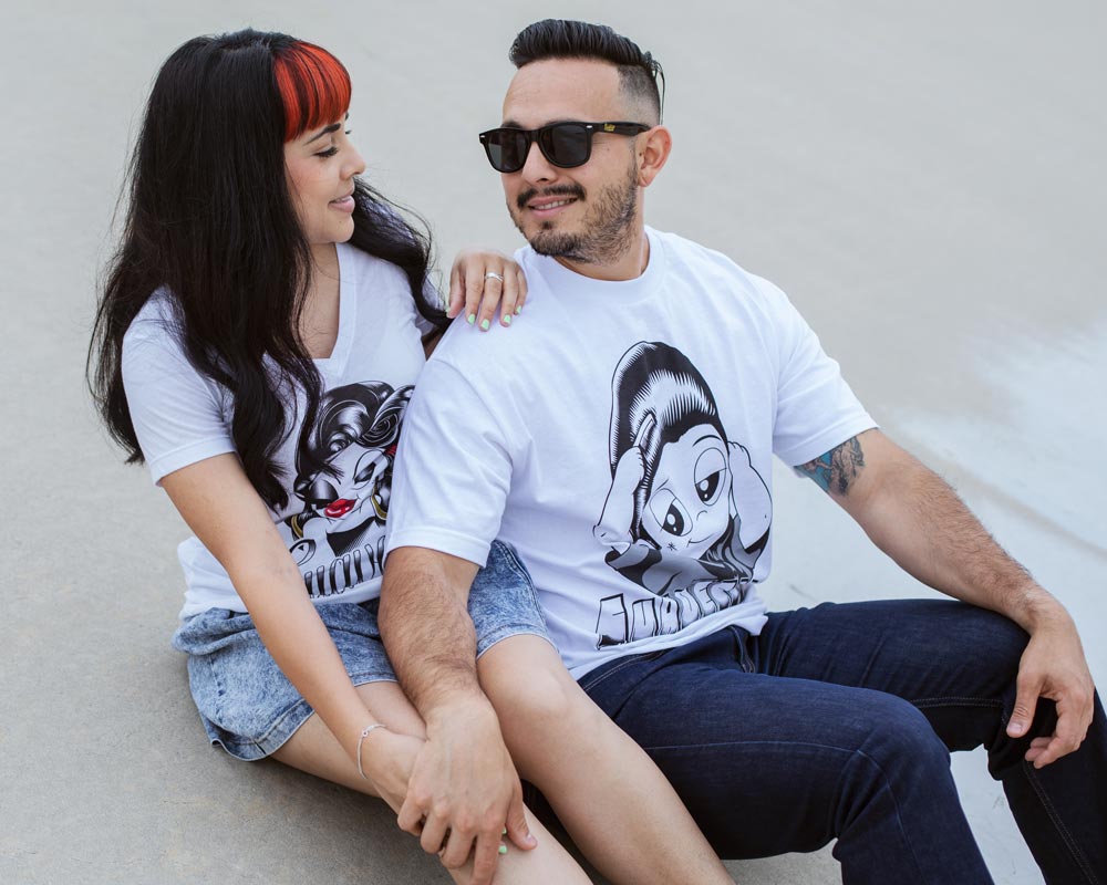 Models wearing the Men's and Women's Suavecito and Suavecita X Amber Tilden Tees